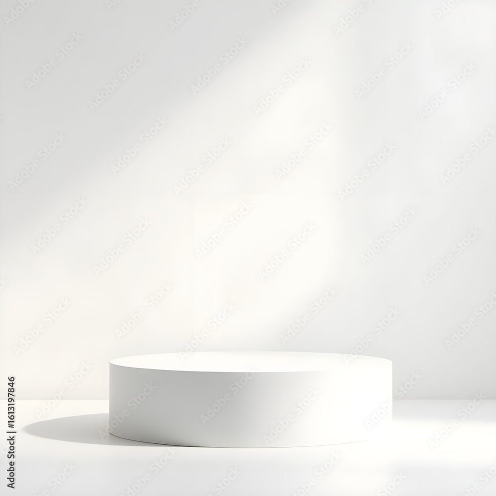 Fototapeta premium Minimalist white cylindrical podium on a clean studio background with natural window light and soft shadows for product presentation.
