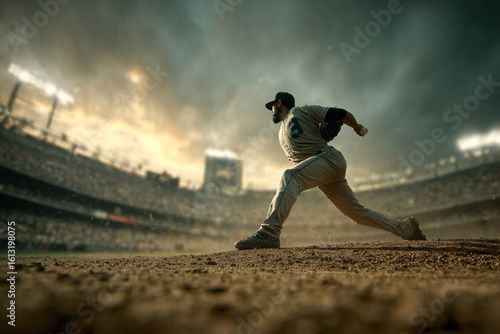 Schilderij op canvas A baseball pitcher in motion delivering a pitch on a dirt mound during a game