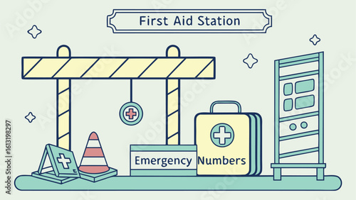 a first aid station with medical kit and emergency information display board setup