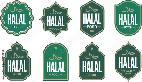 Collection of eight different green and white halal food label designs on a light background