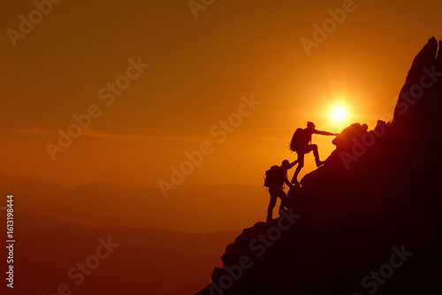 Fotografija Two climbers ascend a steep rock face, with one helping the other, silhouetted against an orange sunset