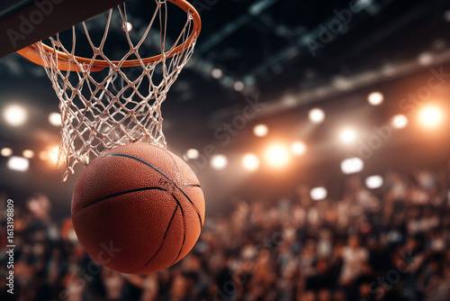 Bild auf Leinwand A basketball going through a hoop during a game in an indoor stadium with bright lights and a blurred crowd