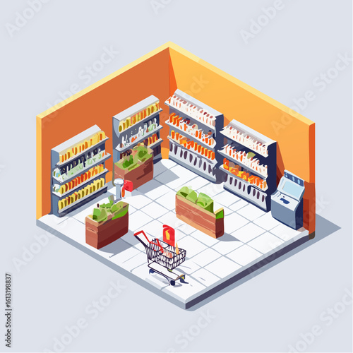 Isometric view of a grocery store interior, showcasing shelves stocked with various food items, a shopping cart, and a cash machine.