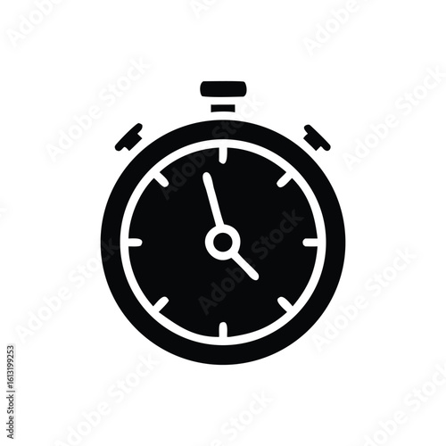 White isolated retro stopwatch vector illustration with a classic black deadline timer, perfect for countdowns, alarms, and tracking minutes and seconds silhouette icon on white background