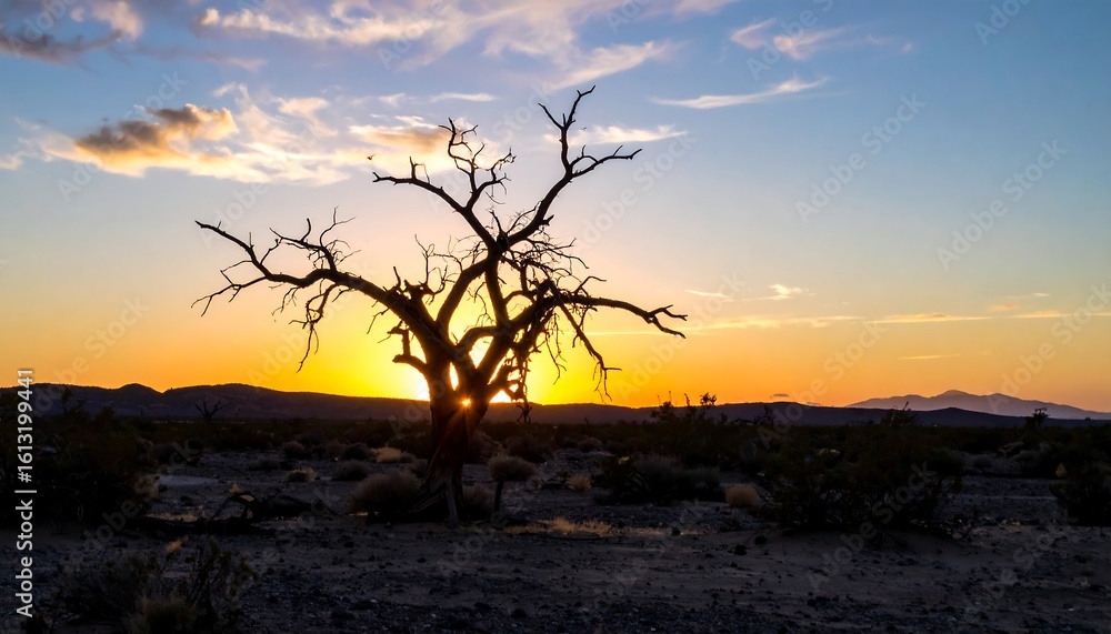 Naklejka premium Desert Sunset with Silhouette Tree.