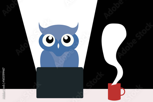 Over productive night owl working in laptop with coffee illustration