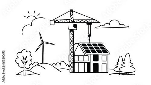 a house with solar panels being built by a crane near a wind turbine and trees on hills