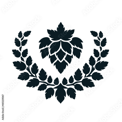 Decorative hop and leaf design in dark silhouette style  