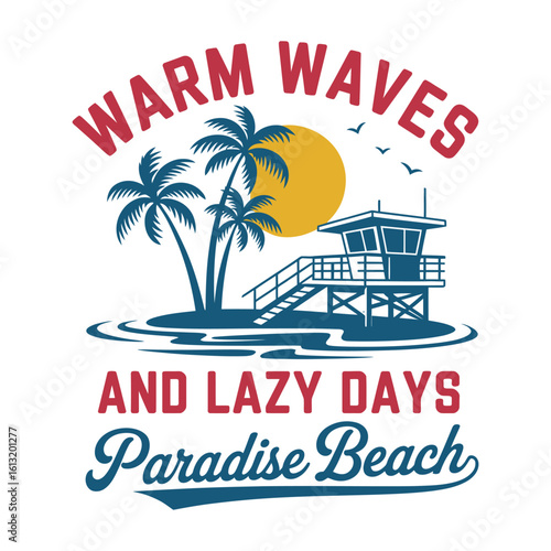 Tropical beach scene with palm trees lifeguard tower and text vector