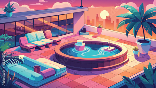 A vibrant retro futuristic rooftop oasis with a circular jacuzzi and plush seating set against a warm hazy cityscape at sunset