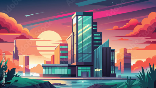 Modern city skyline at sunset with vibrant pink and orange clouds reflecting in the water below showcasing futuristic architecture and a sense of urban tranquility