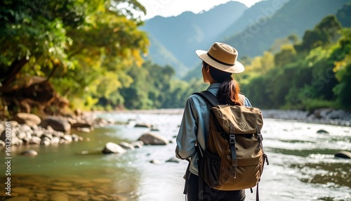 Adventurous woman with backpack gazing at scenic river landscape in nature