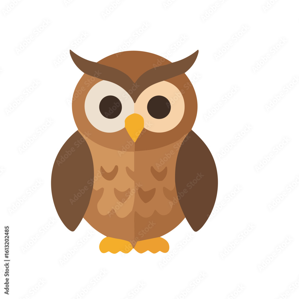 Fototapeta premium A cute cartoon illustration of a brown owl with large eyes and a yellow beak.