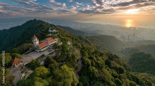 Penang Hill Temple Complex and Coastal Cityscape at Sunrise