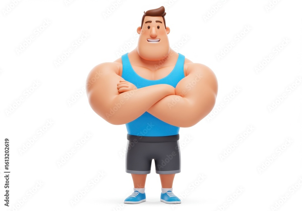 Cartoon illustration of a muscular man with crossed arms, wearing a blue tank top and gray shorts, standing confidently on a white background. Cartoon illustration of a muscular man with crossed arms, wearing a blue tank top and gray shorts, standing confidently on a white background.