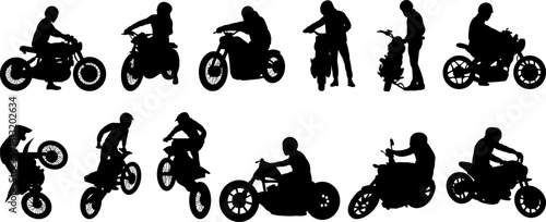 silhouette motorcyclists, people on motorcycles in different angles, set, vector