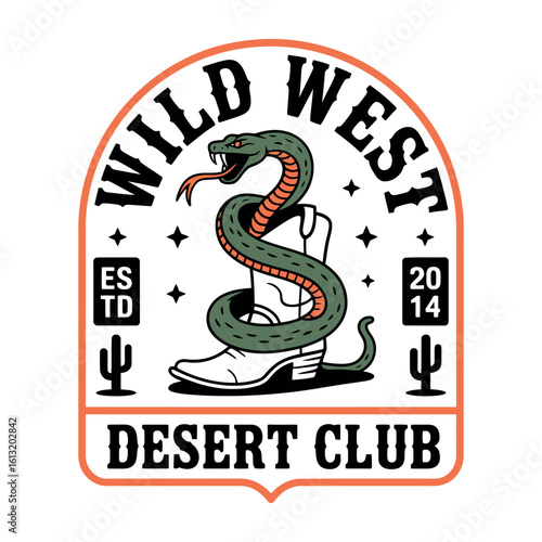 Green snake coiled around white cowboy boot with wild west desert club text serpent