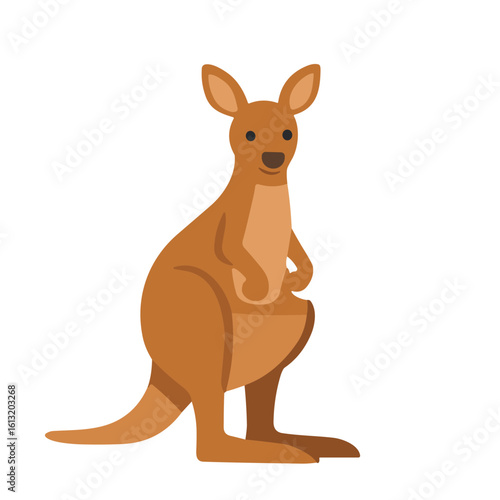 A cartoon illustration of a brown kangaroo standing upright with its paws near its pouch on a white background.