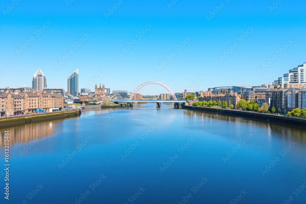 Obraz premium Summer river panoramic cityscape with iconic bridges, buildings, calm waters reflecting blue sky