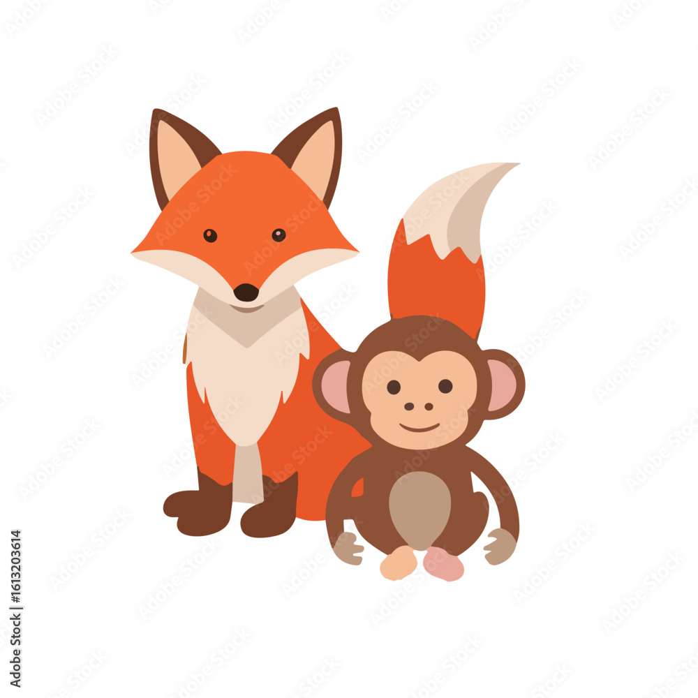 Obraz premium Illustration of a friendly fox and a charming monkey standing together, smiling.
