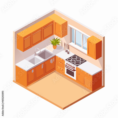 Isometric illustration of a modern orange-toned kitchen, showcasing cabinets, countertops, sink, stove, and window.