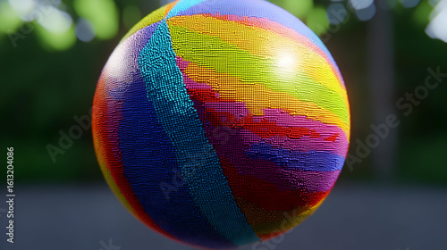 Vibrant, colorful sphere with textured paint strokes.  A multitude of hues and colors form a dynamic, patterned sphere.  The texture gives it a three-dimensional appearance