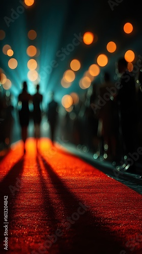 Celebrities walk the red carpet at a glamorous evening event with bright lights shining in the background