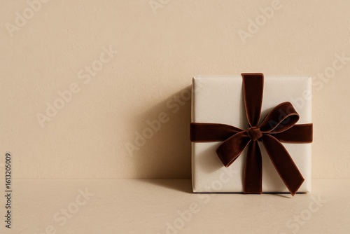 New year Kraft Gift Box with Ribbon on Neutral Paper Backdrop
