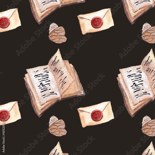 Dark seamless pattern in watercolor style with open handwritten books, wax-sealed vintage envelopes, and moths. Ideal for moody literature art, academia designs, or mystical storybook concepts.