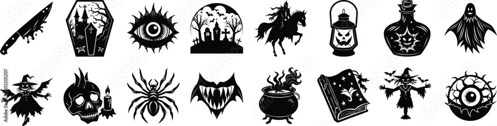 Obraz premium set of Halloween element silhouette collection. Black and white vector editable file.
