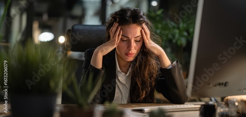 The overwhelmed woman at her desk grappling with workplace stress and fatigue.