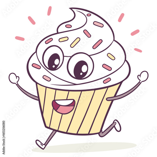 A happy cartoon cupcake with sprinkles runs with joy