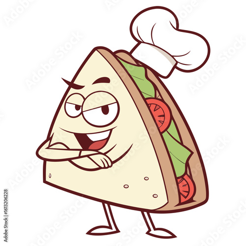 A confident sandwich character wearing a chef hat with a sly smile