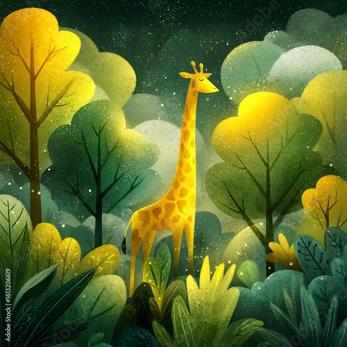 Whimsical giraffe in a lush green forest, perfect for children's books or nature-themed designs, adding a touch of playful charm and wonder