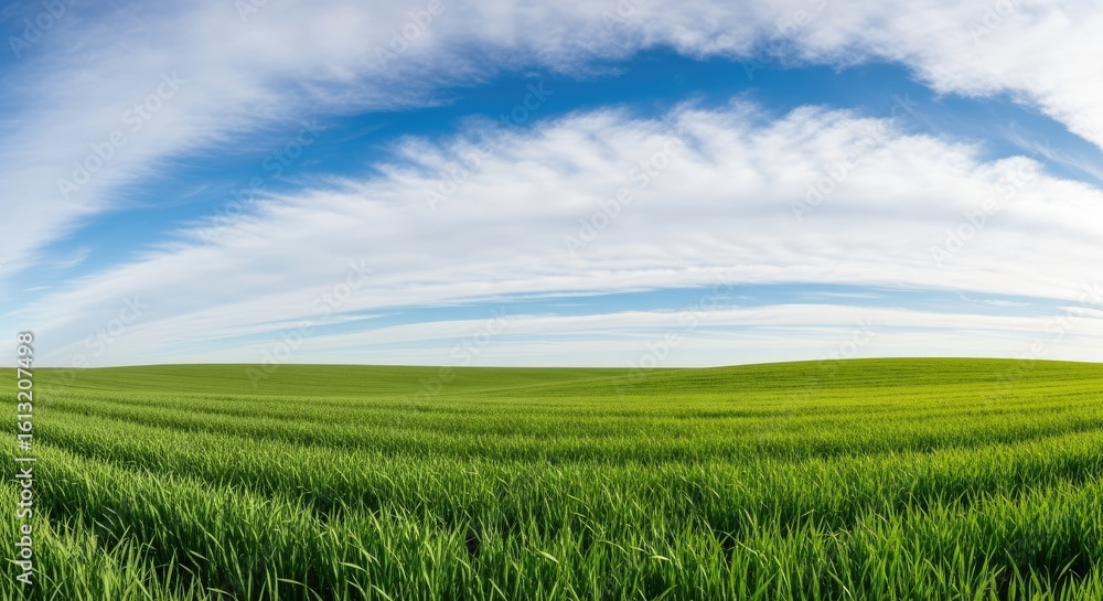 A vibrant green field stretches beneath a blue sky filled with clouds A vibrant green field stretches beneath a blue sky filled with clouds