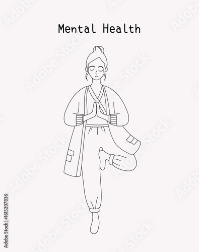 Mental health yoga doodle hand drawn illustration. Woman doing yoga pose wellness in vector line art style for poster, coloring book, asset, material, template