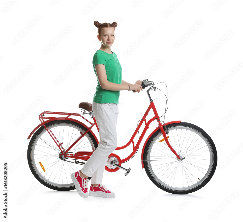 Naklejka premium Teenage girl with red bicycle on white background