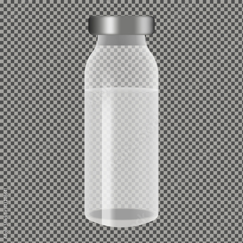 Glass vial. Vector illustration of glass tube isolated transparent background. Realistic vaccine vial. Perfect medicine object template design. EPS 10