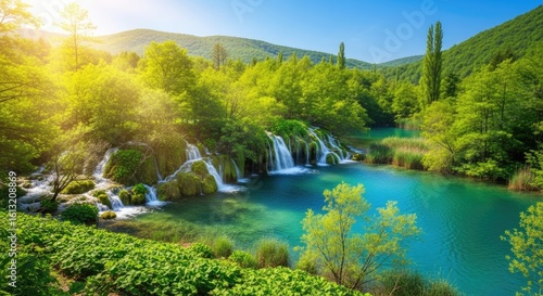 Sunlight illuminates a beautiful waterfall cascading into a turquoise lake