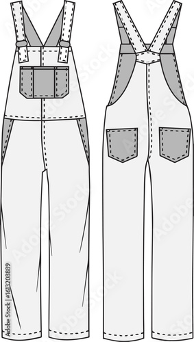 Plain Blue Denim Overalls with Front Pocket | Technical Fashion Illustration | Flat Apparel Template CAD | Front and Back Views