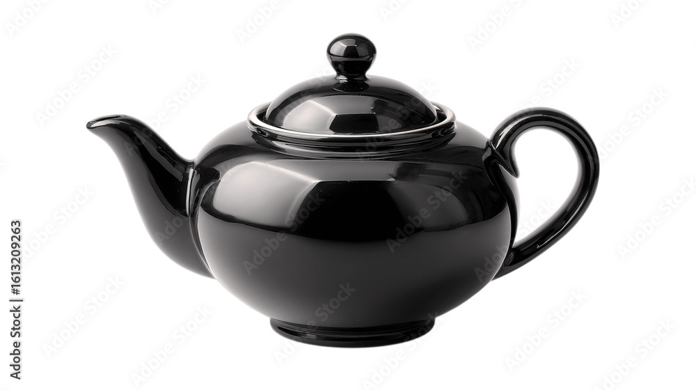 A mirror-polished obsidian collectible tea pot crafted with a focus on opulence and minimalism, white background --ar 16:9 A mirror-polished obsidian collectible tea pot crafted with a focus on opulence and minimalism, white background --ar 16:9