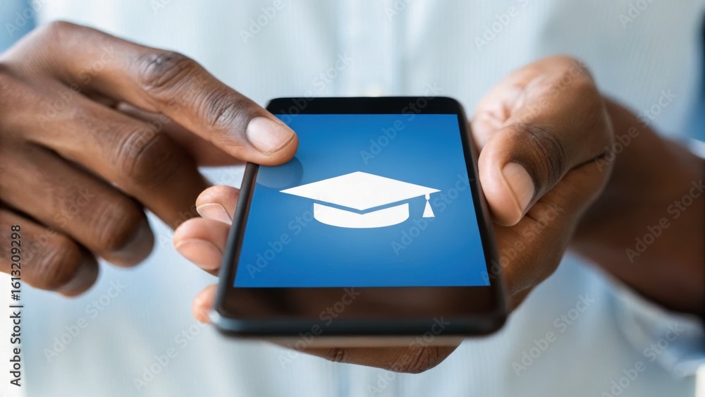A person using a smartphone displaying a graduation cap icon, symbolizing education and online learning.