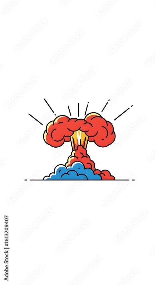 Fototapeta premium Abstract, minimalist illustration of a nuclear bomb, dynamic composition, clean lines, vibrant color palette. atomic bomb, explosion, weapon, war, dynamic, clean lines, vibrant colors, modern art