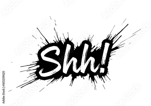 Ink splash design featuring the word "Shhh!" for quietness and secrecy themes