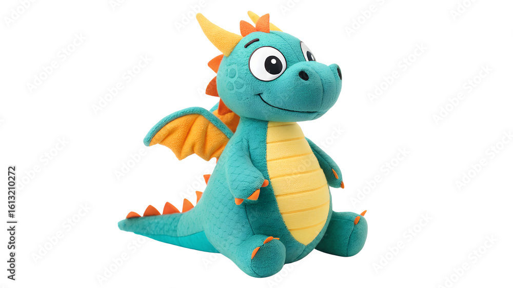 Obraz premium Teal plush dragon with orange wings and spikes isolated on a transparent background