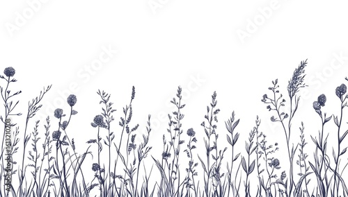 A set of hand-drawn vector borders featuring meadow grass in sketch style, rendered in black and gray ink on a clean white background.
