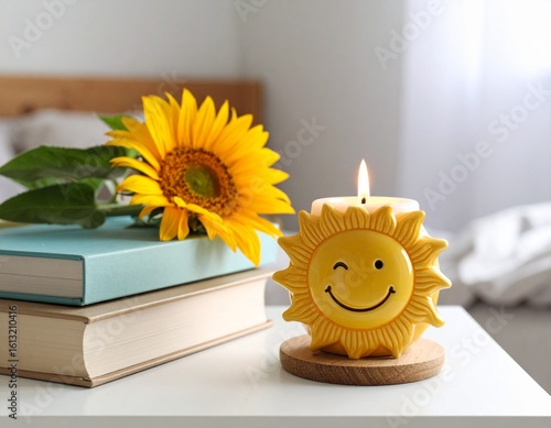 Generated image Smiling Sun Ceramic Candle with Books on Bedside Table Smiling Sun Ceramic Candle