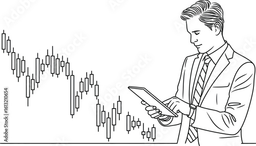 Businessman analyzing stock market data on a tablet with a falling stock chart next to him