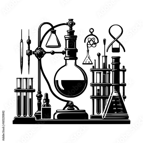 Vintage scientific laboratory equipment setup with glassware and apparatus