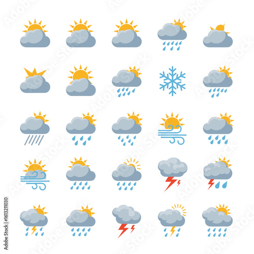 A collection of colorful weather icons depicting various conditions, including sun, clouds, rain, and storms.